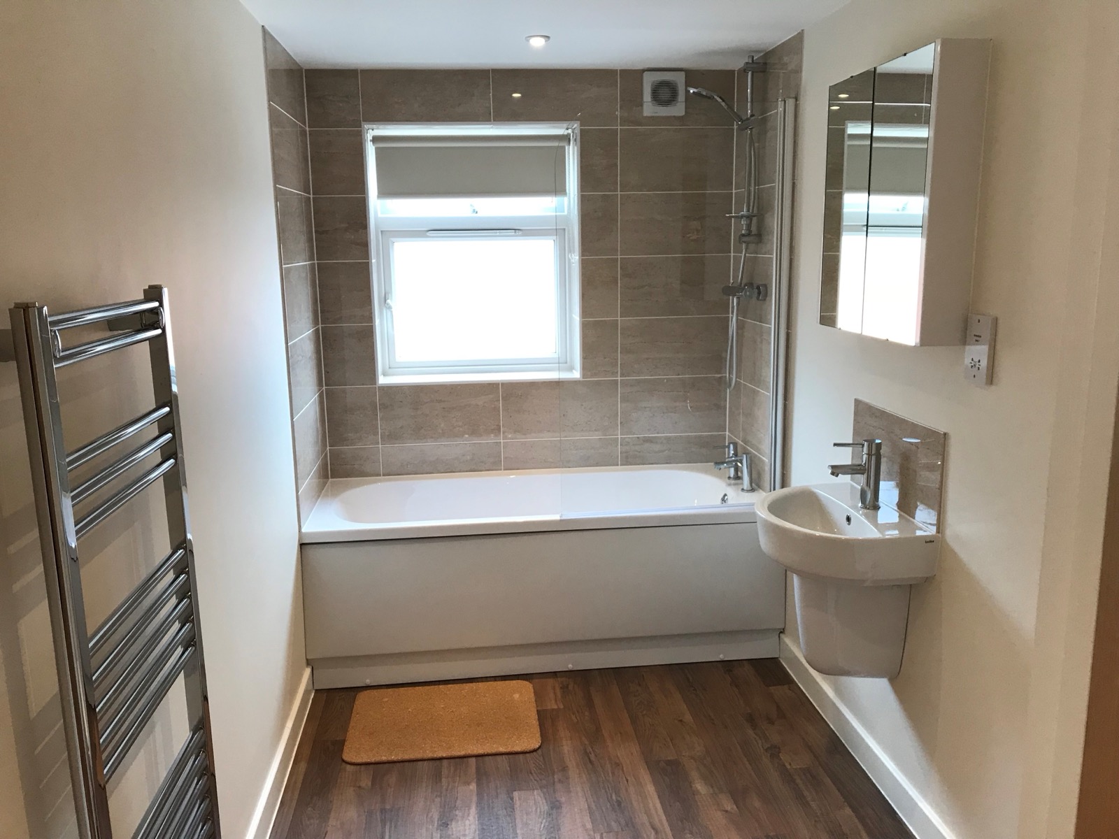 Bathroom with bath, overhead shower and basin, Flat 5 Richmond Court